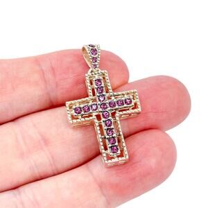 Vintage Sterling Silver 925 Jezlaine Pink Cubic Zirconia Cross Pendant
